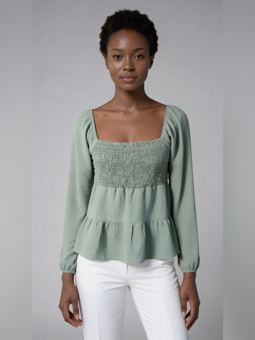 Paper Crane Sage Green Smocked Square Neck Long Sleeve Top
